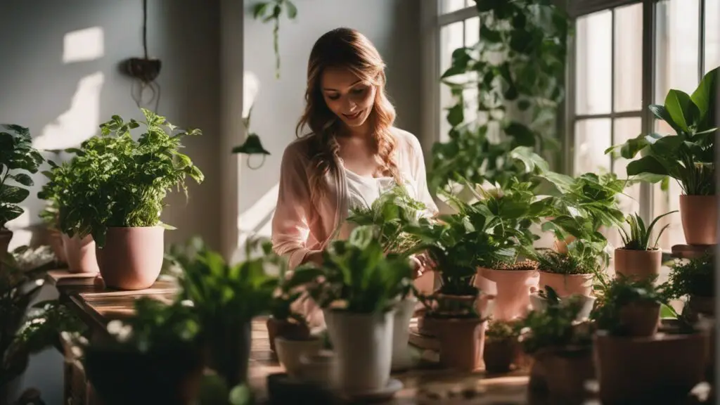 mujer cuidando de sus plantas de interior