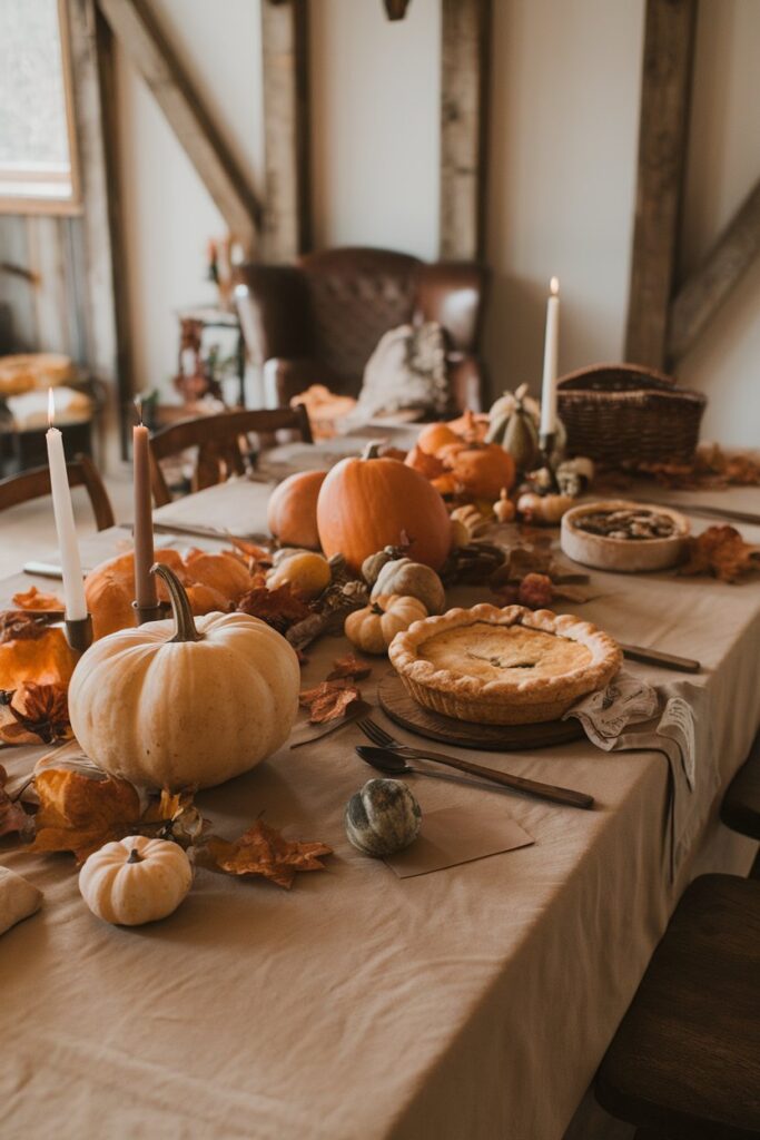 Mesa decorada con elementos naturales de otoño, como hojas secas y calabazas