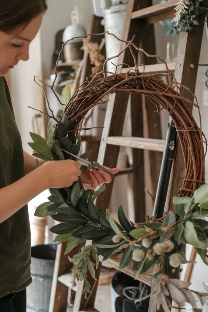 Persona creando una corona de puerta con elementos naturales