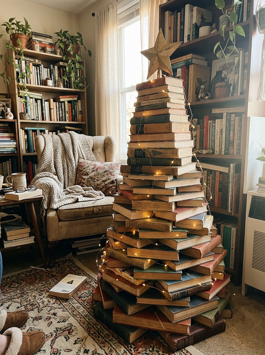 Árbol de Navidad con libros viejos - adorno navideño reciclado