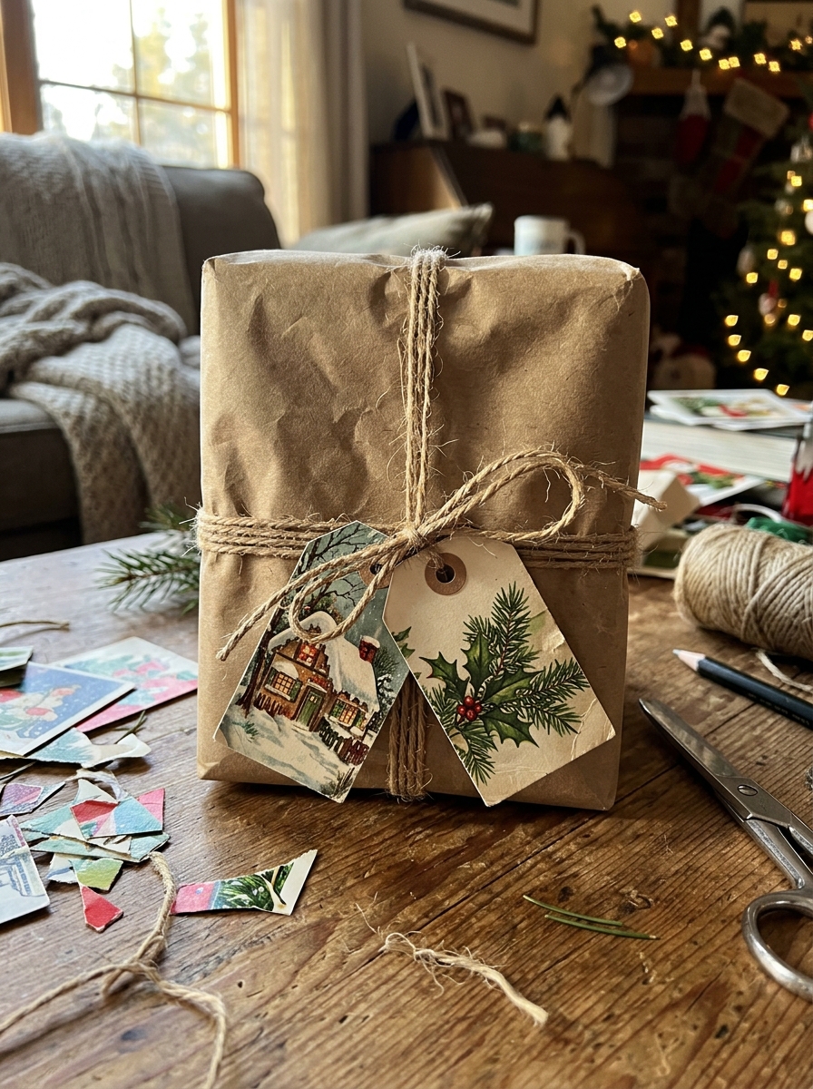 Etiquetas de regalo con tarjetas antiguas - adorno navideño reciclado