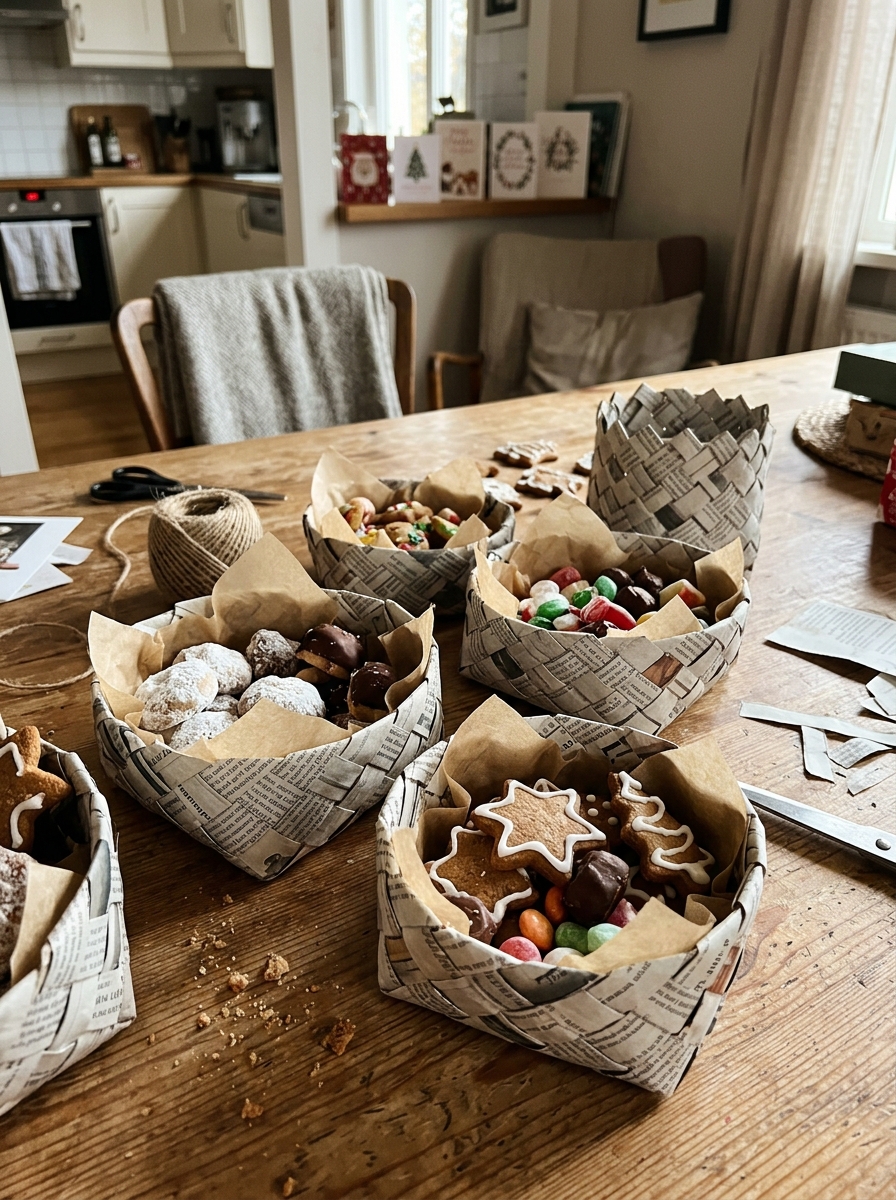 Cestas de papel de periódico - adorno navideño reciclado