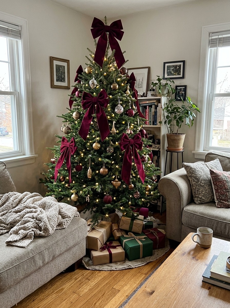 Árbol de Navidad 2026: cintas de terciopelo burdeos
