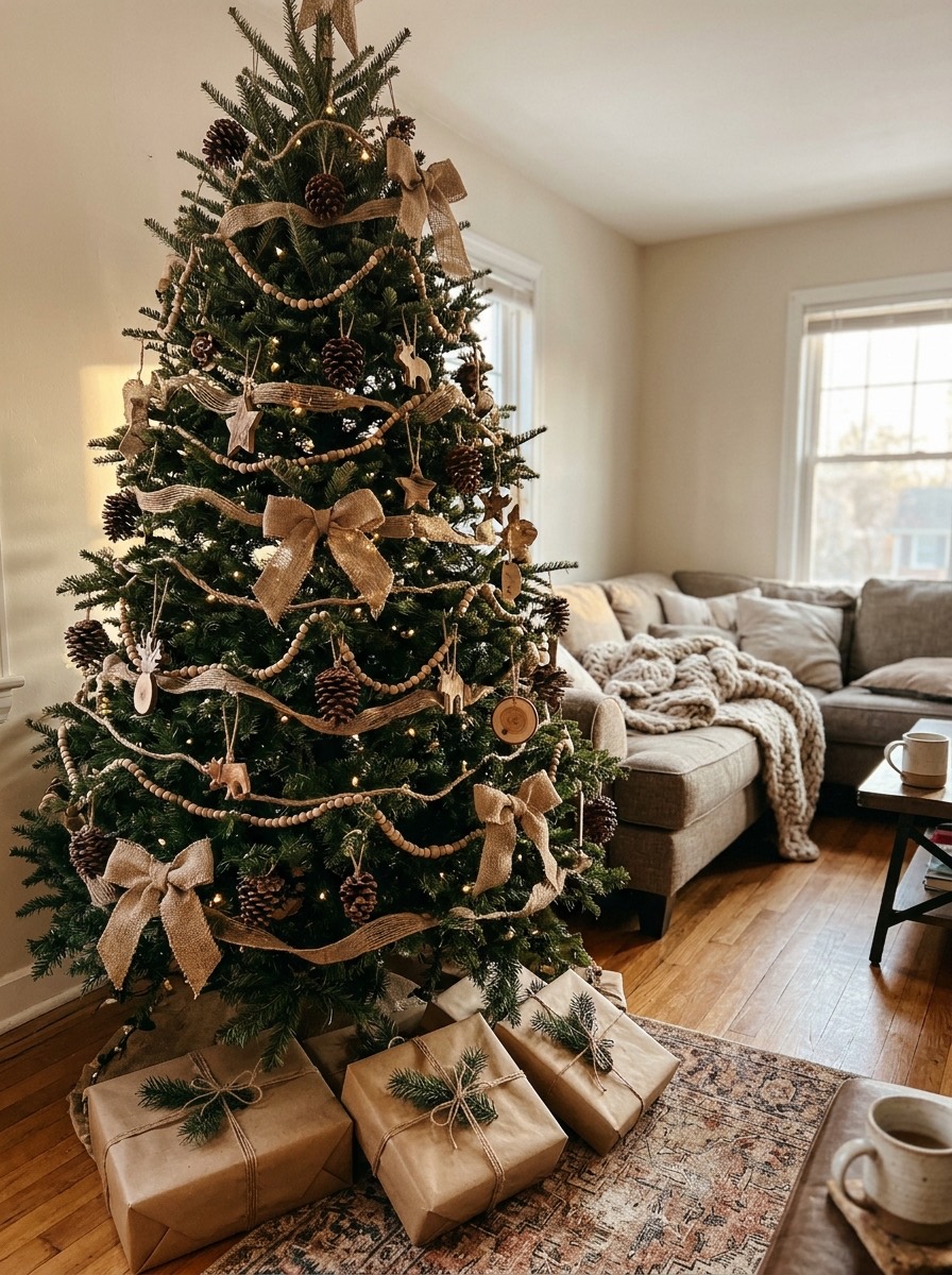 Árbol de Navidad 2026: decoración natural con piñas y yute