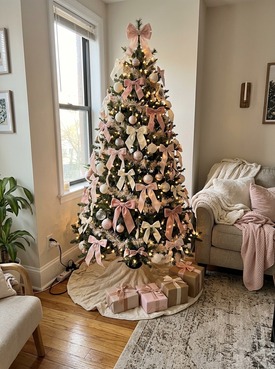 Árbol de Navidad 2026: tonos pastel rosa y crema