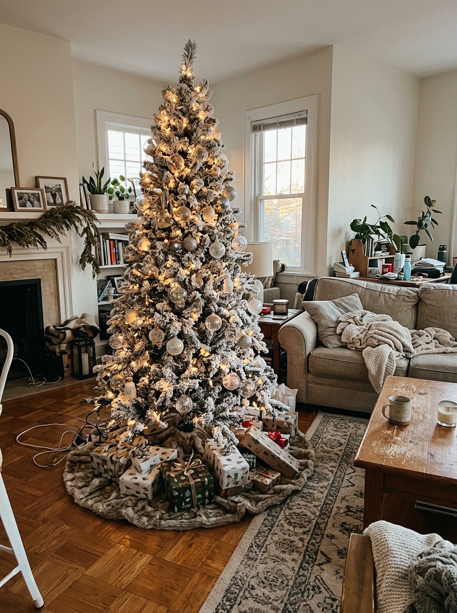 Árbol de Navidad 2026: flocado con luces blancas