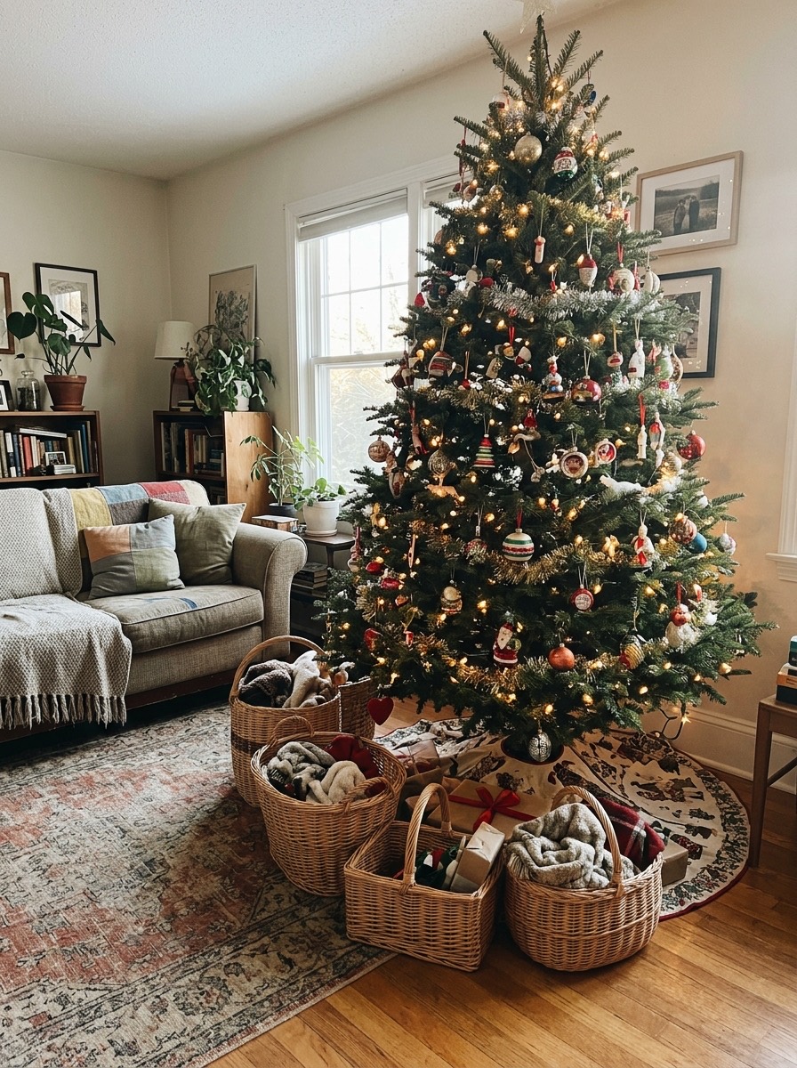 Árbol de Navidad 2026: luces cálidas y cestas de mimbre