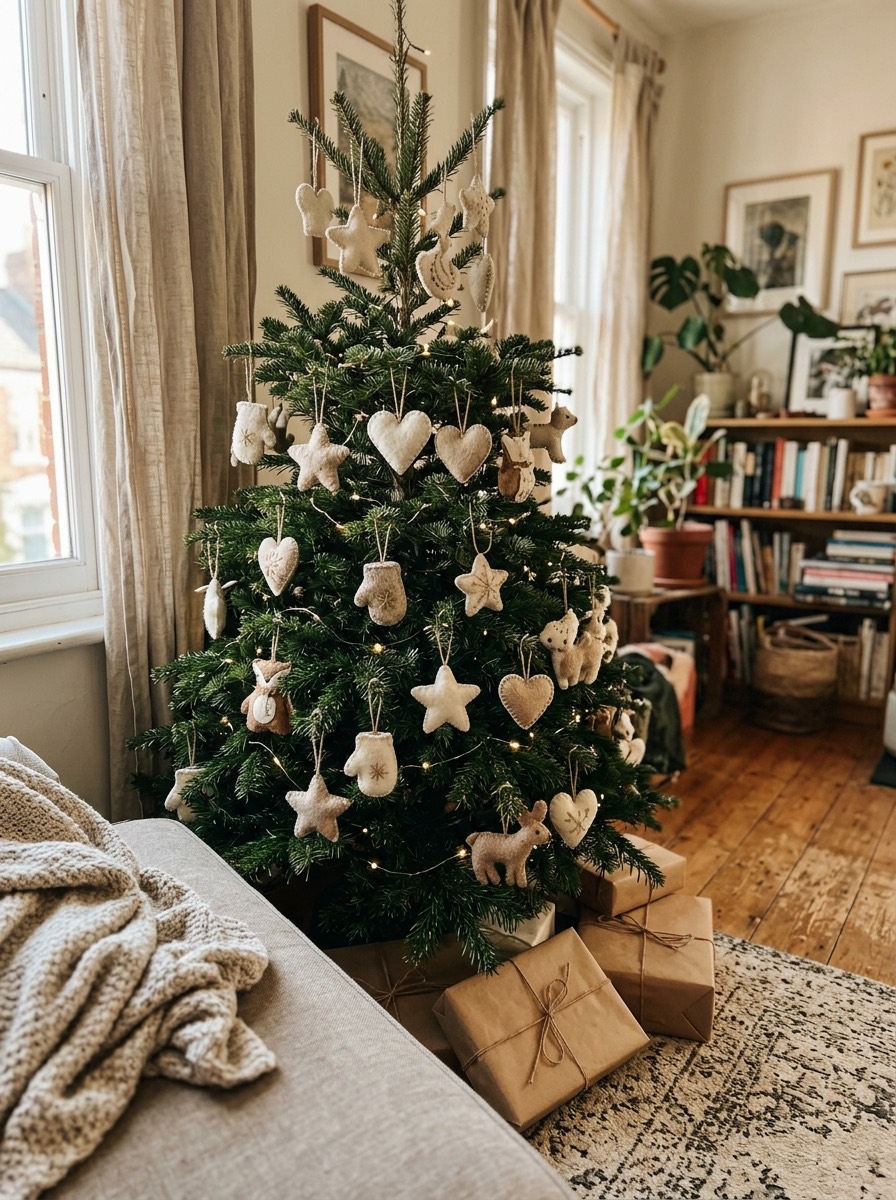 Árbol de Navidad 2026: adornos de fieltro caseros en tonos crudos