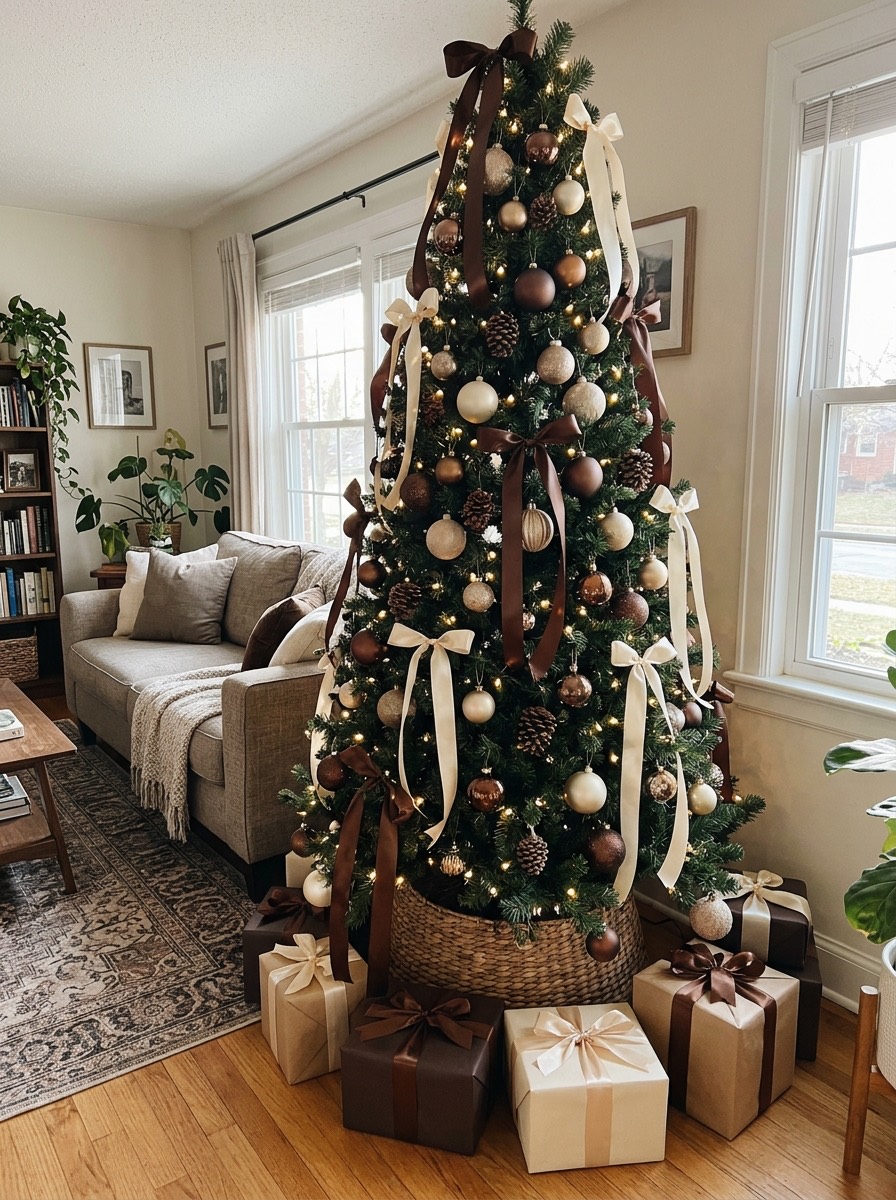Árbol de Navidad 2026: chocolate y crema con cintas satinadas