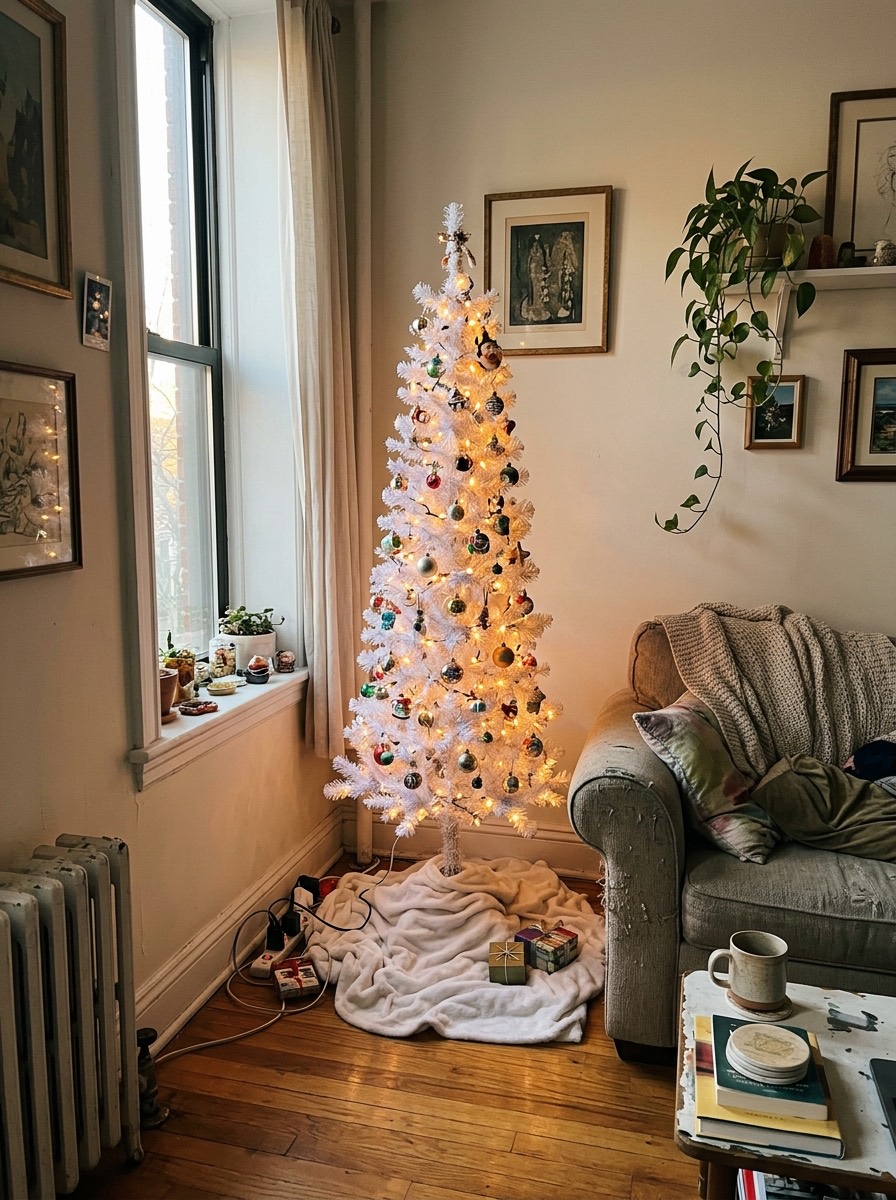 Árbol de Navidad pequeño para espacios reducidos: árbol blanco estrecho en una esquina