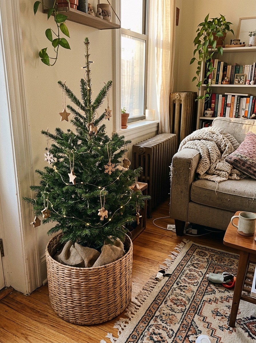 Árbol de Navidad pequeño para espacios reducidos: árbol en una cesta de mimbre