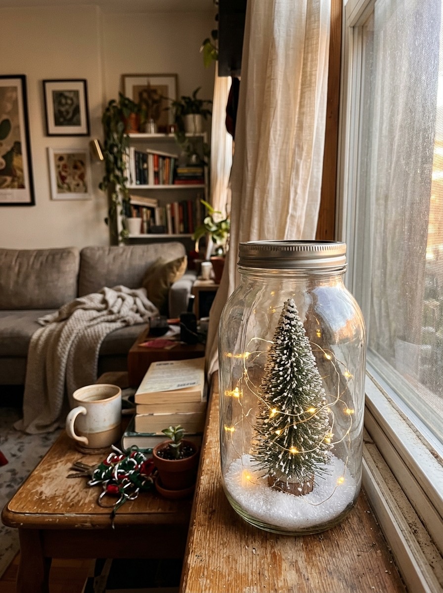 Árbol de Navidad pequeño para espacios reducidos: árbol en miniatura en un tarro de cristal