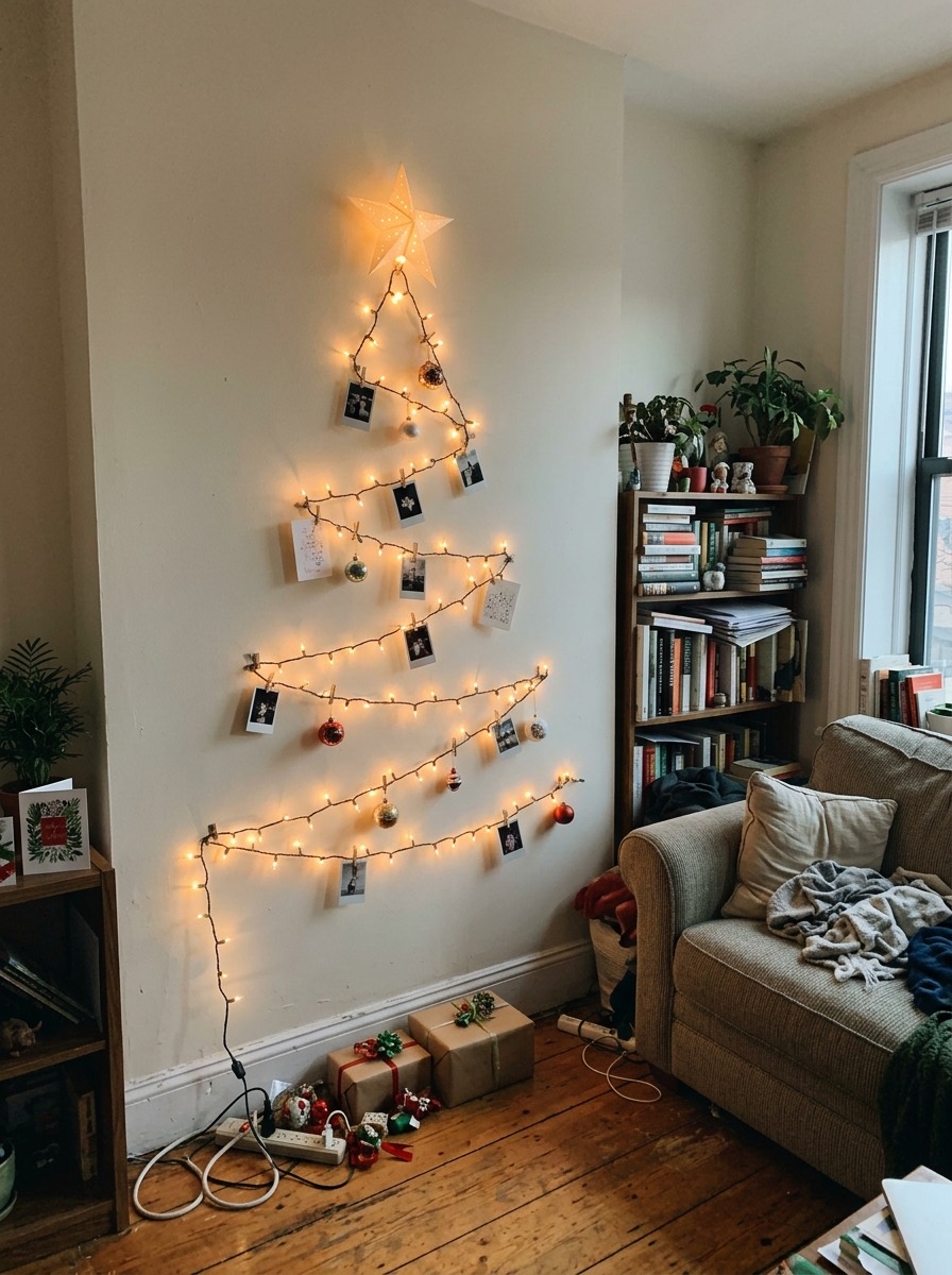 Árbol de Navidad pequeño para espacios reducidos: árbol hecho con guirnalda de luces