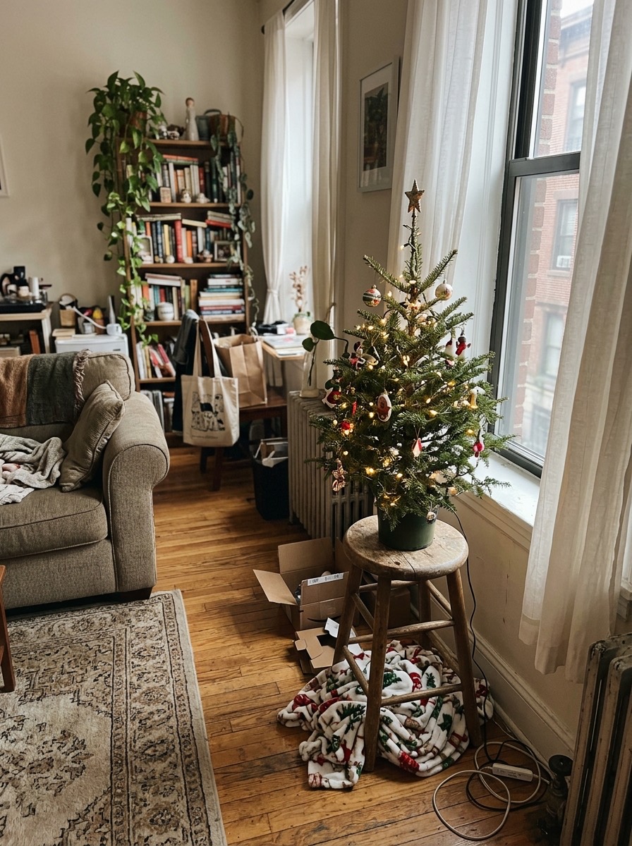 Árbol de Navidad pequeño para espacios reducidos: árbol sobre un taburete