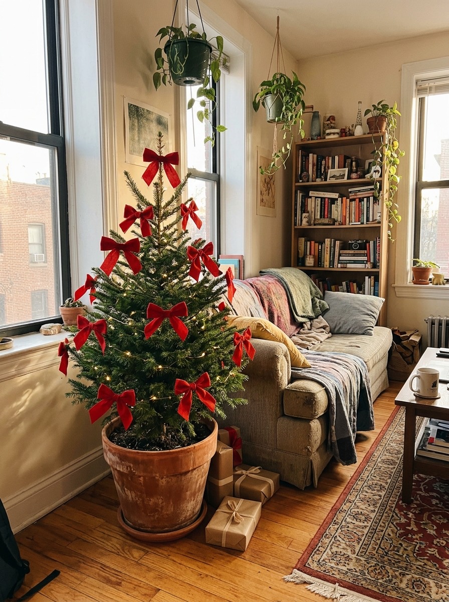 Árbol de Navidad pequeño para espacios reducidos: árbol en una maceta de barro