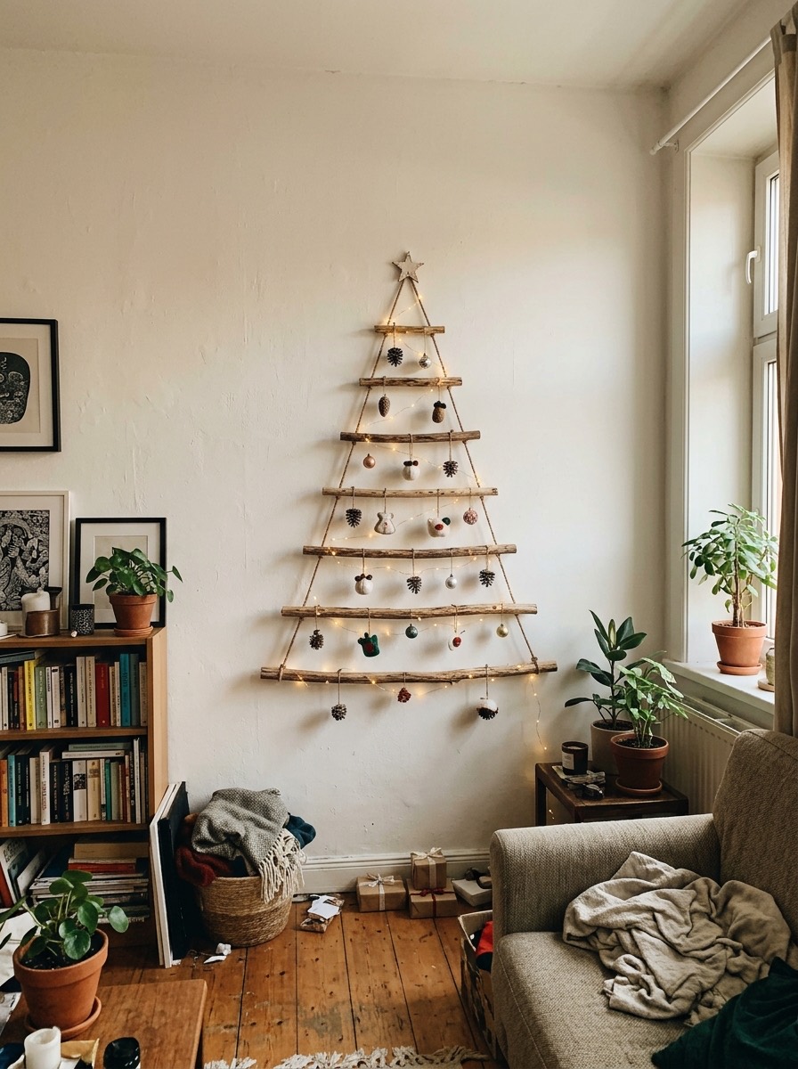 Árbol de Navidad pequeño para espacios reducidos: árbol de madera plano en la pared