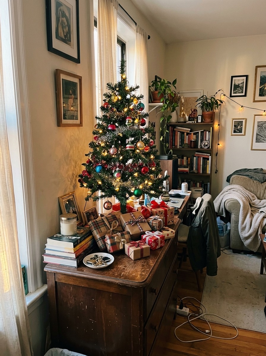 Árbol de Navidad pequeño para espacios reducidos: árbol sobre una cómoda con regalos