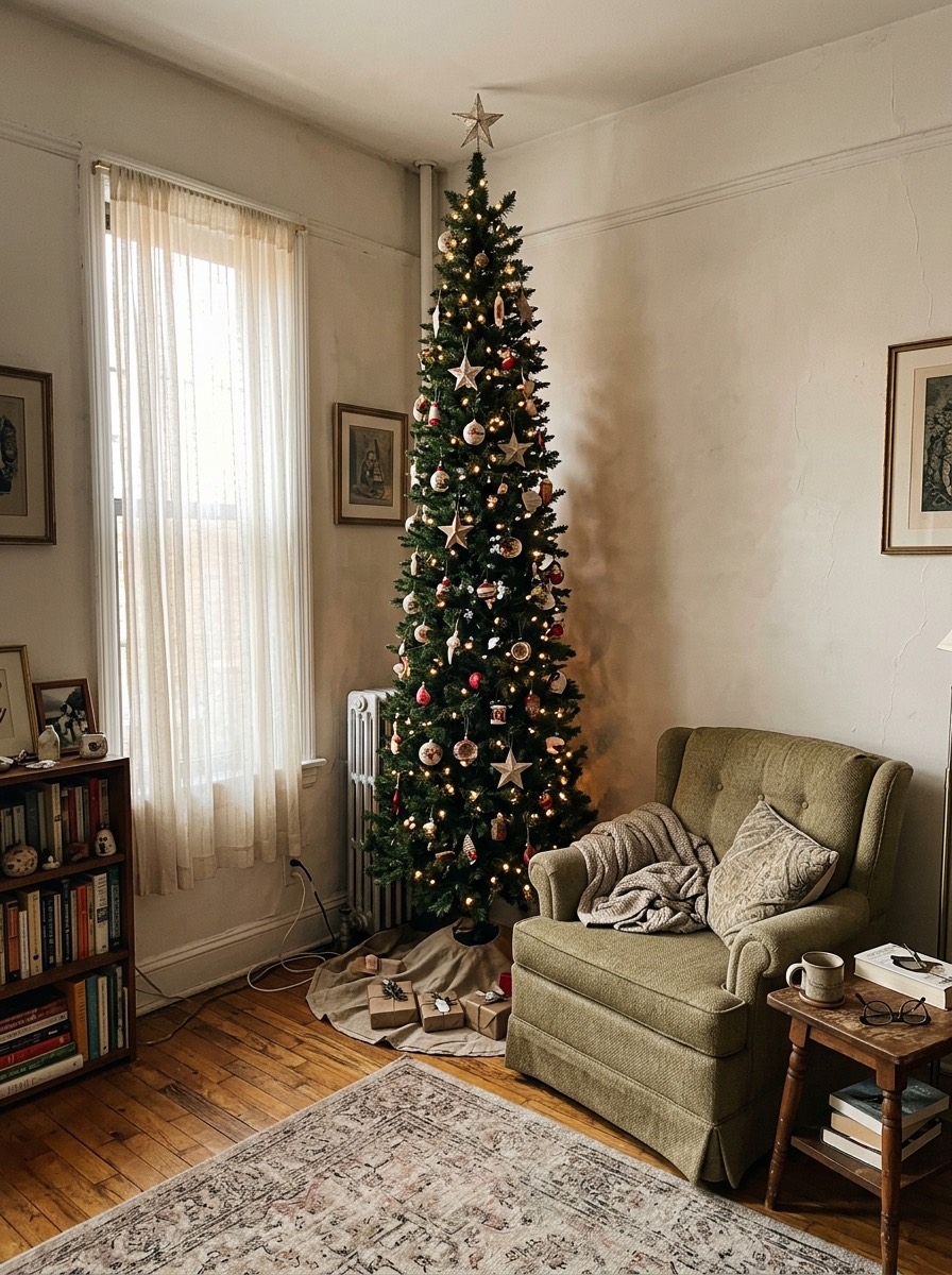 Árbol de Navidad pequeño para espacios reducidos: árbol alto y estrecho junto a un sillón
