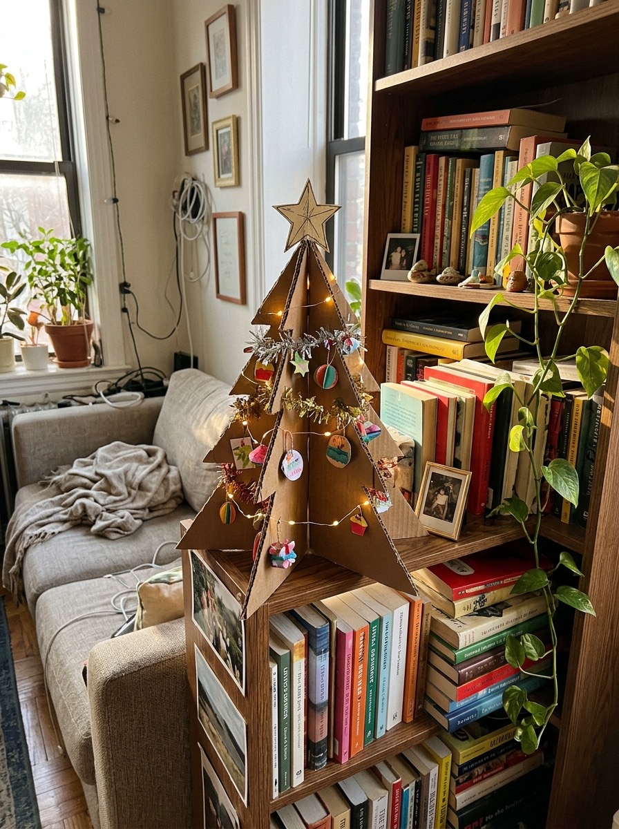Árbol de Navidad pequeño para espacios reducidos: árbol de cartón sobre una estantería