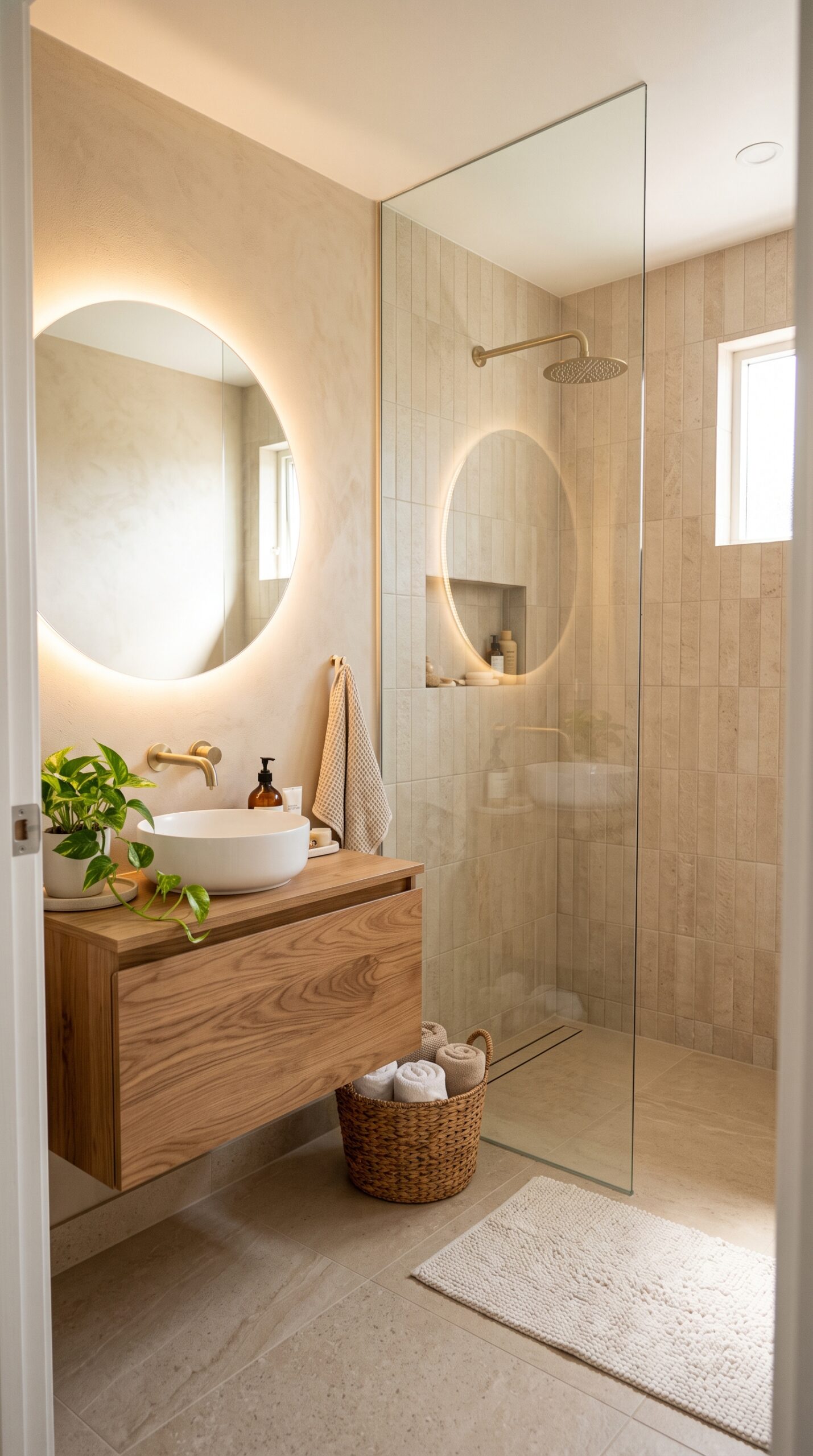 Baño pequeño luminoso con espejo redondo con luz LED, mueble de roble suspendido y ducha con mampara de cristal