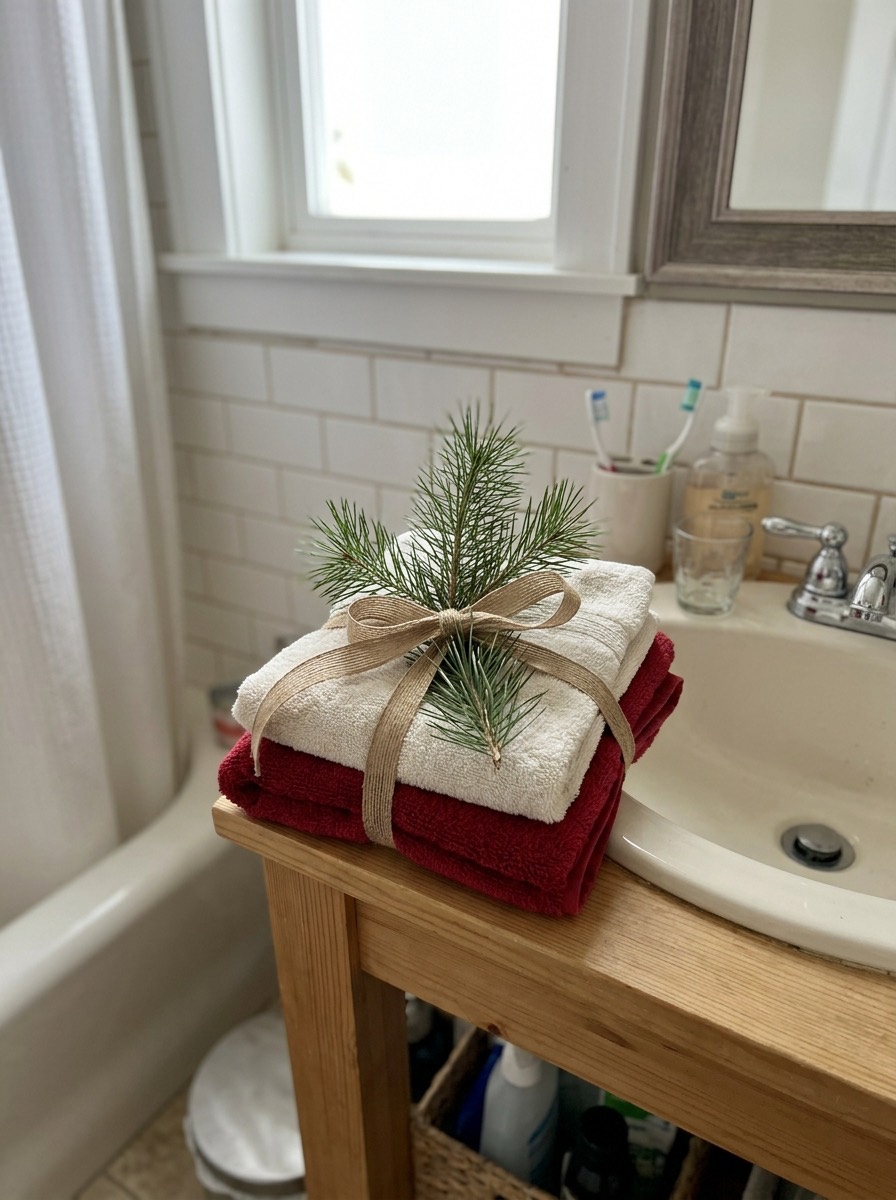 Baño pequeño decorado en Navidad: toallas rojas y blancas con lazo