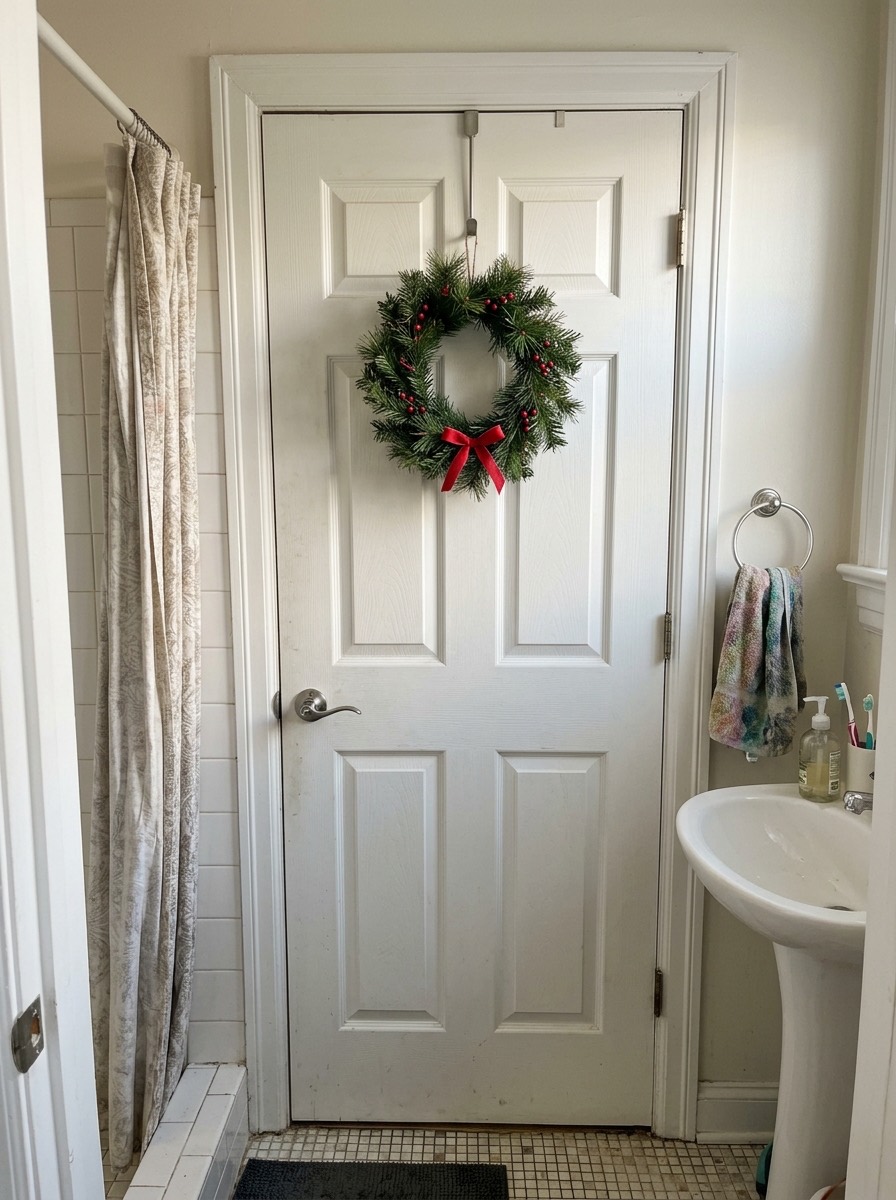 Baño pequeño decorado en Navidad: corona pequeña en la puerta