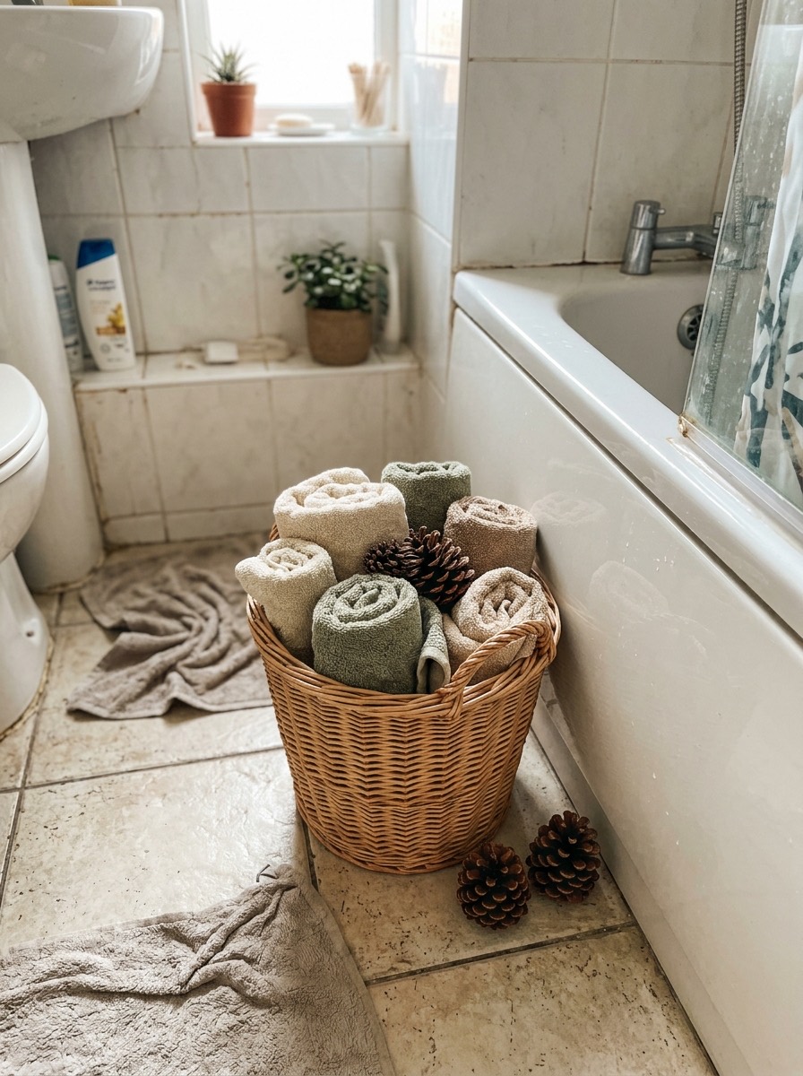 Baño pequeño decorado en Navidad: cesta con toallas y piñas