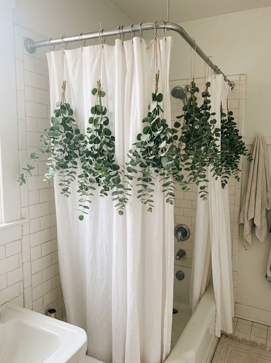 Baño pequeño decorado en Navidad: cortina de ducha con eucalipto