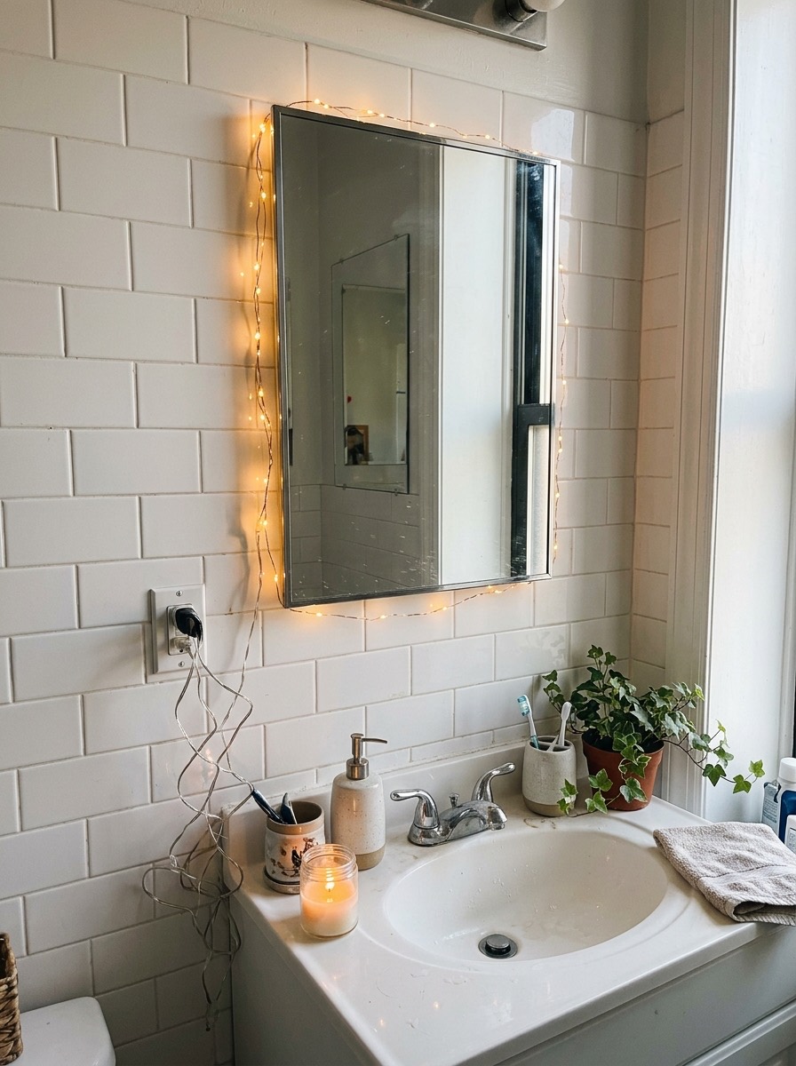 Baño pequeño decorado en Navidad: espejo con luces de hadas