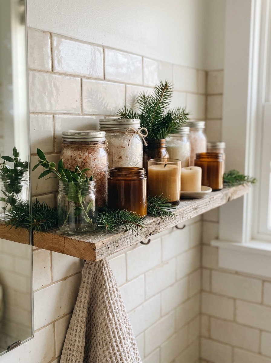 Baño pequeño decorado en Navidad: estante con velas y sales de baño