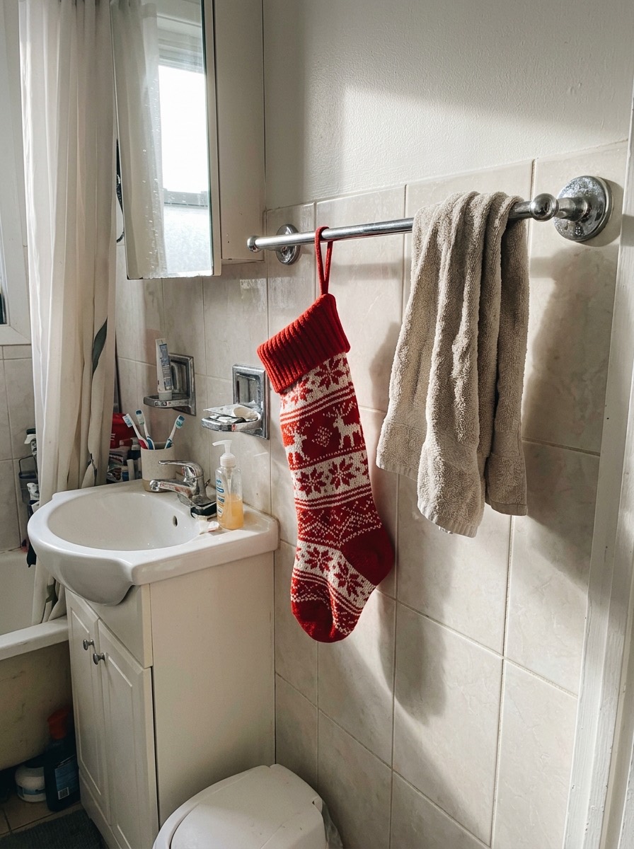 Baño pequeño decorado en Navidad: calcetín navideño en el toallero