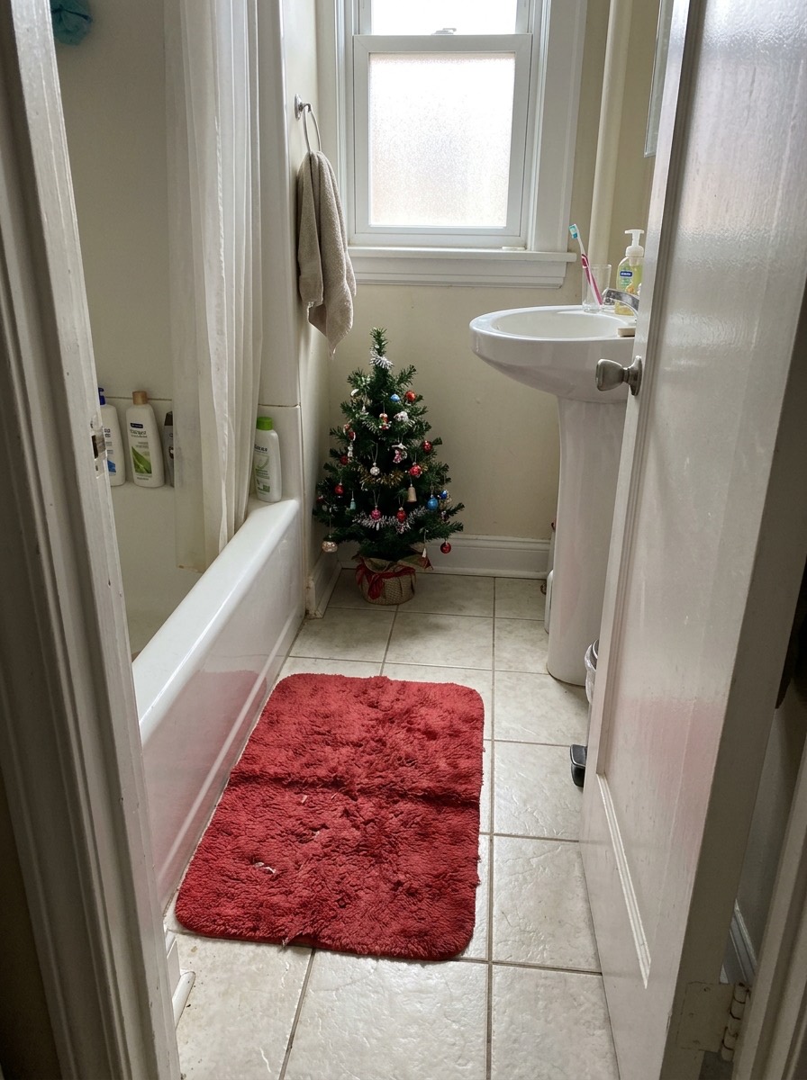 Baño pequeño decorado en Navidad: alfombra roja y árbol diminuto