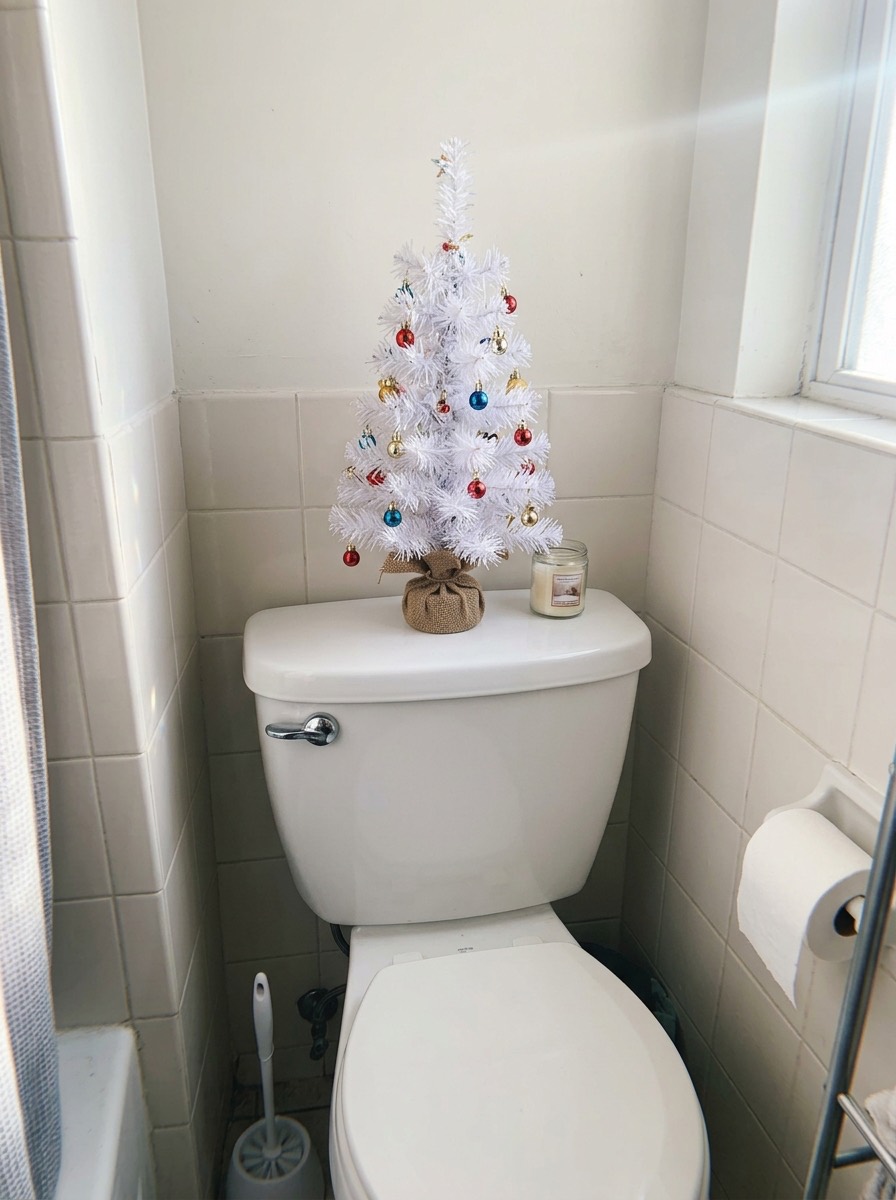 Baño pequeño decorado en Navidad: árbol pequeño sobre la cisterna