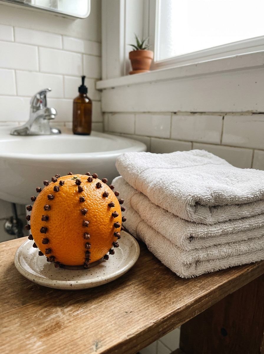 Baño pequeño decorado en Navidad: naranja con clavos como ambientador