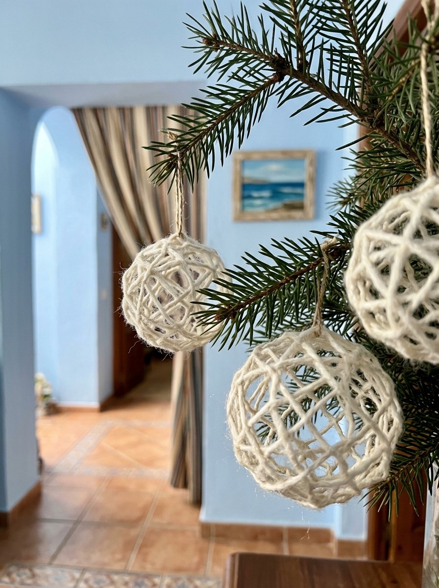 Bola de Navidad casera: bolas caladas de hilo y cola
