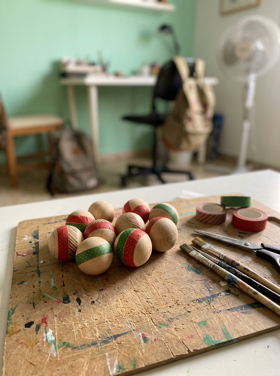 Bola de Navidad casera: bolas de madera con cinta washi