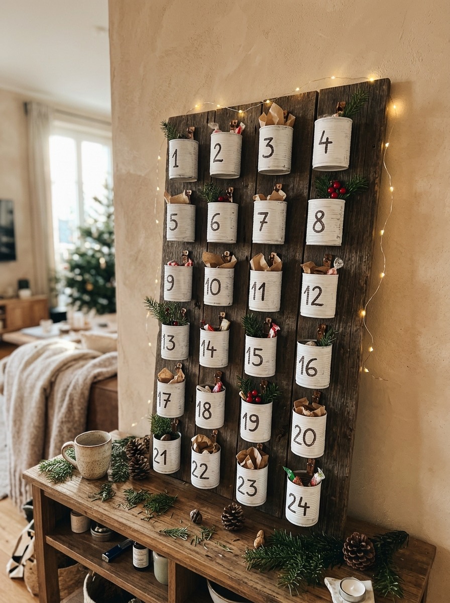Calendario de adviento casero: latas pequeñas pintadas de blanco