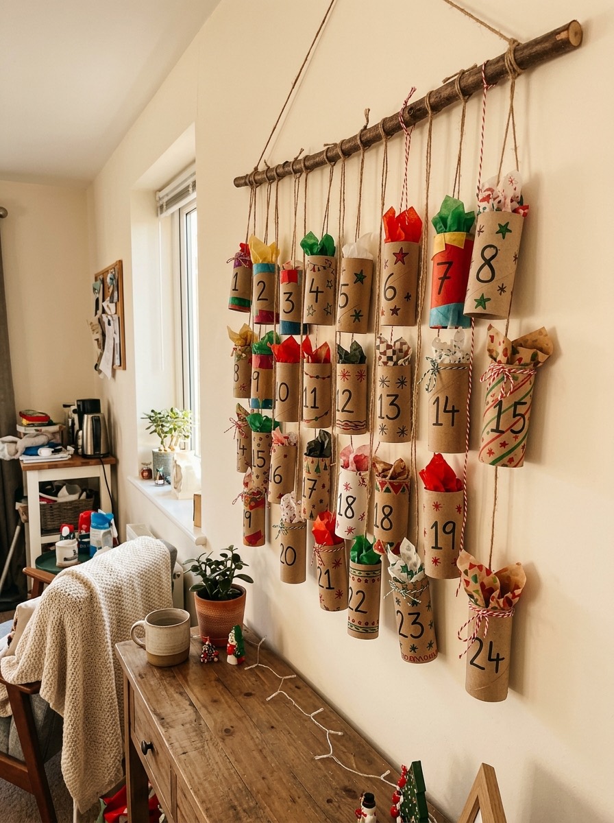 Calendario de adviento casero: tubos de cartón de papel higiénico