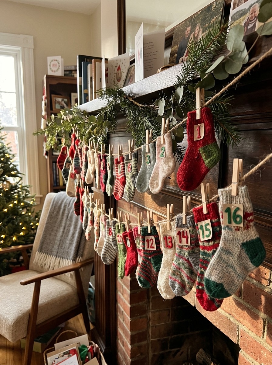 Calendario de adviento casero: calcetines pequeños colgados