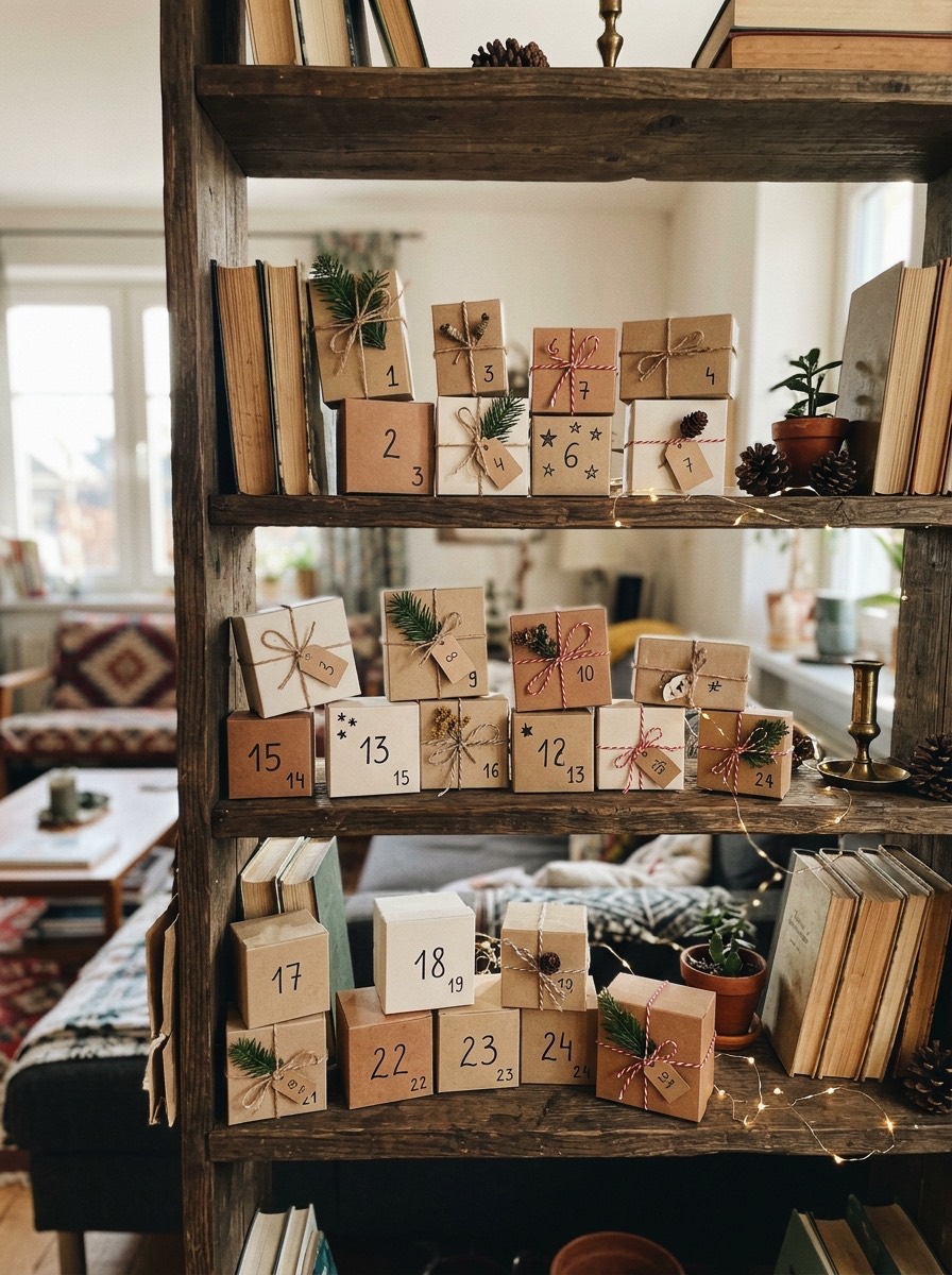 Calendario de adviento casero: cajas de cartón pequeñas en un estante