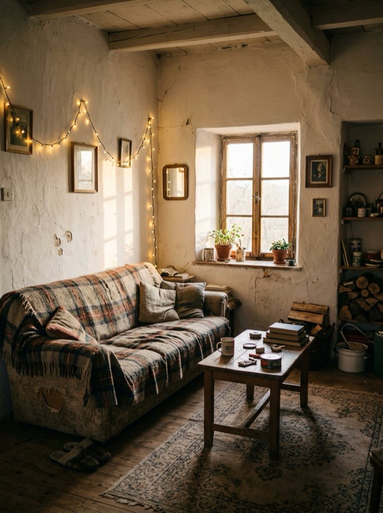 Salón sencillo de casa de pueblo con guirnaldas de luces cálidas, sofá con manta de lana y paredes encaladas