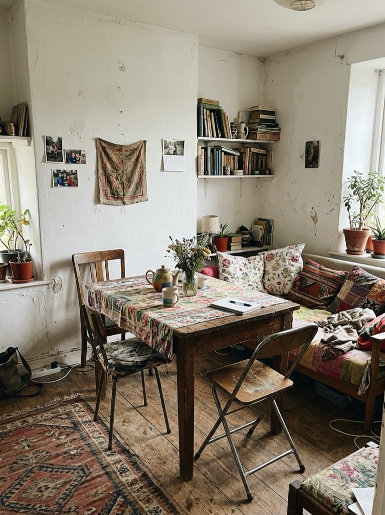 Sala sencilla con cojines y mantel de estampados florales y étnicos sobre una mesa de madera usada