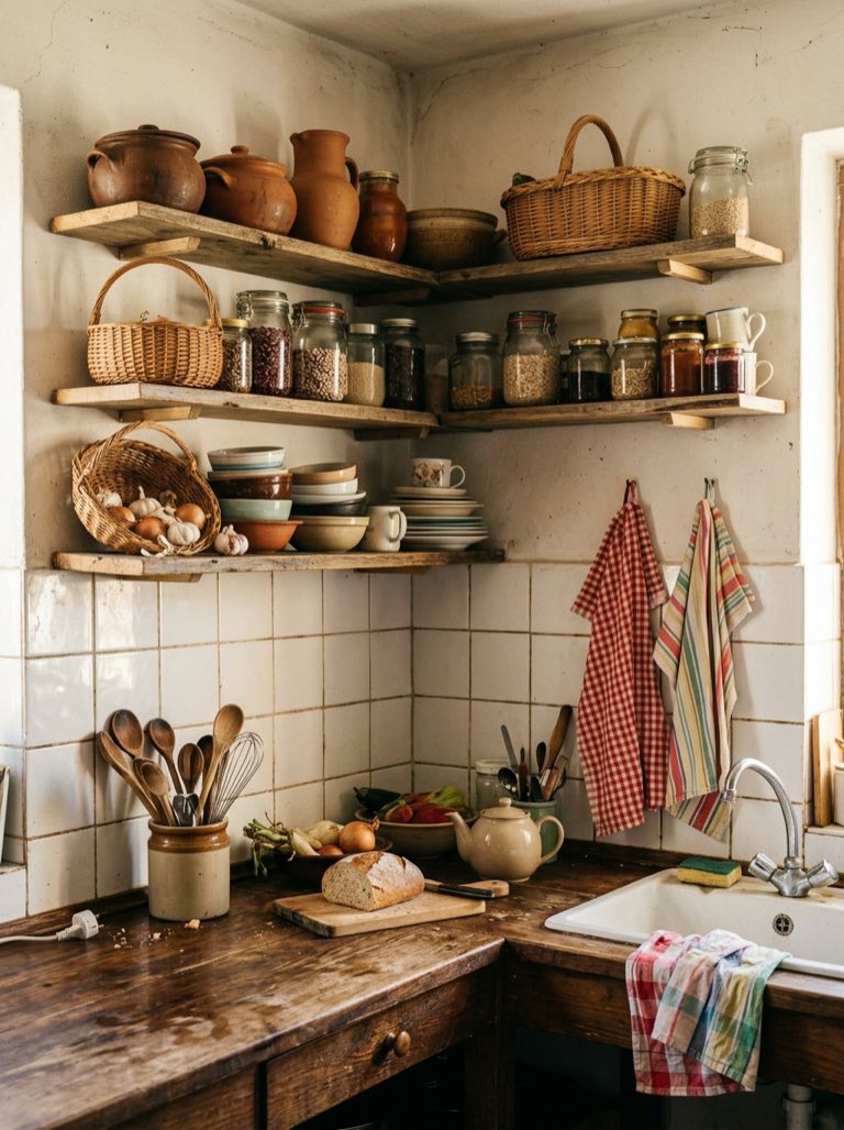 Cocina sencilla de casa de campo con estantes abiertos de madera, ollas de barro, tarros de cristal y cestas de mimbre