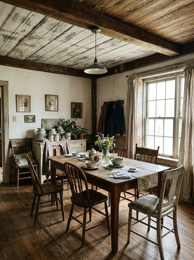 Comedor sencillo con techo de madera y lámina pintada de blanco, vigas vistas y mesa de madera