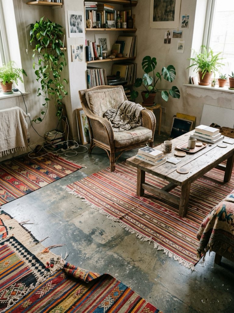 Sala sencilla con suelo de cemento pulido, alfombras tejidas étnicas de colores, sillón de mimbre y mesa baja de madera