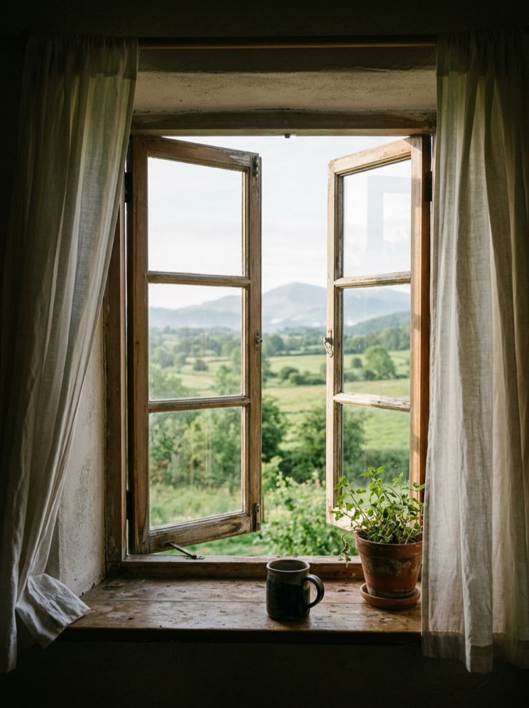 Ventana de madera abierta con vistas a un paisaje verde de campo, alféizar con taza de café y maceta, cortinas de algodón