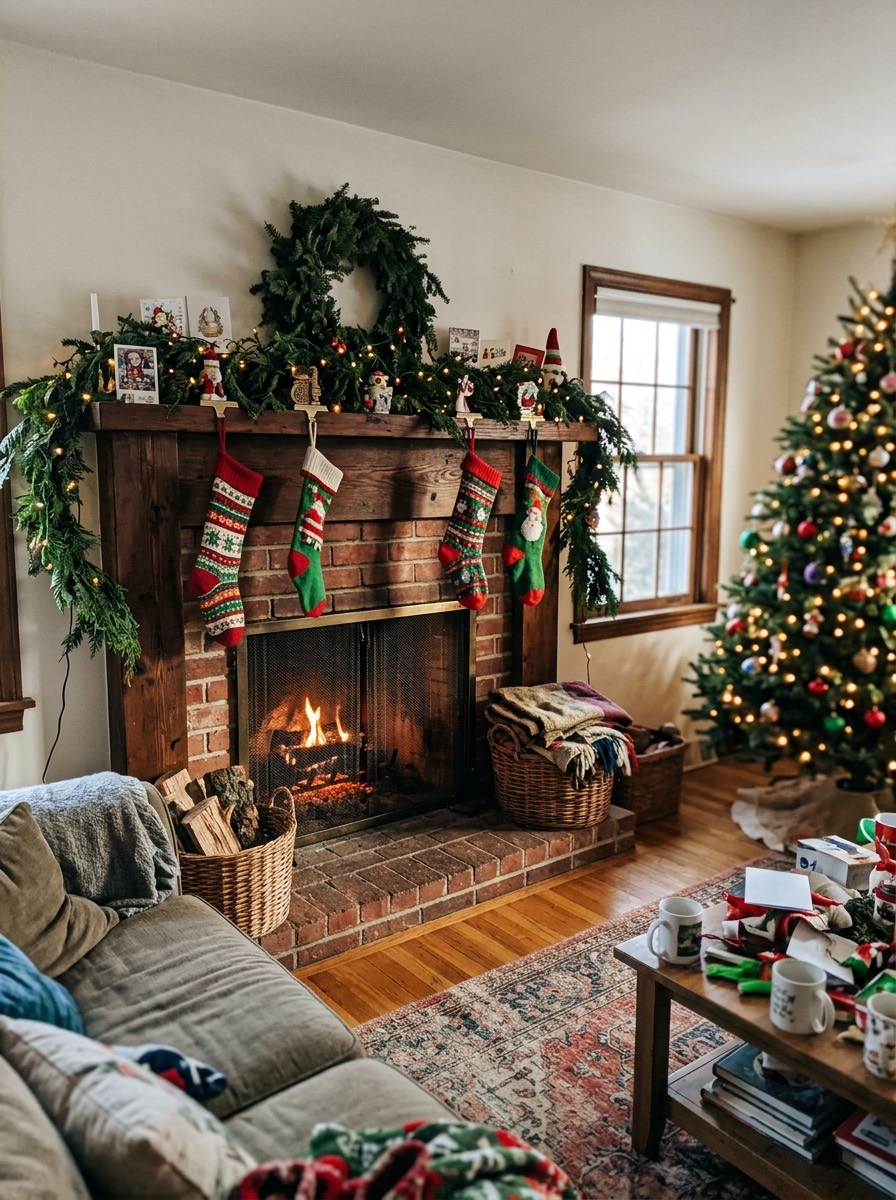 Decoración de chimenea en Navidad: calcetines navideños colgados