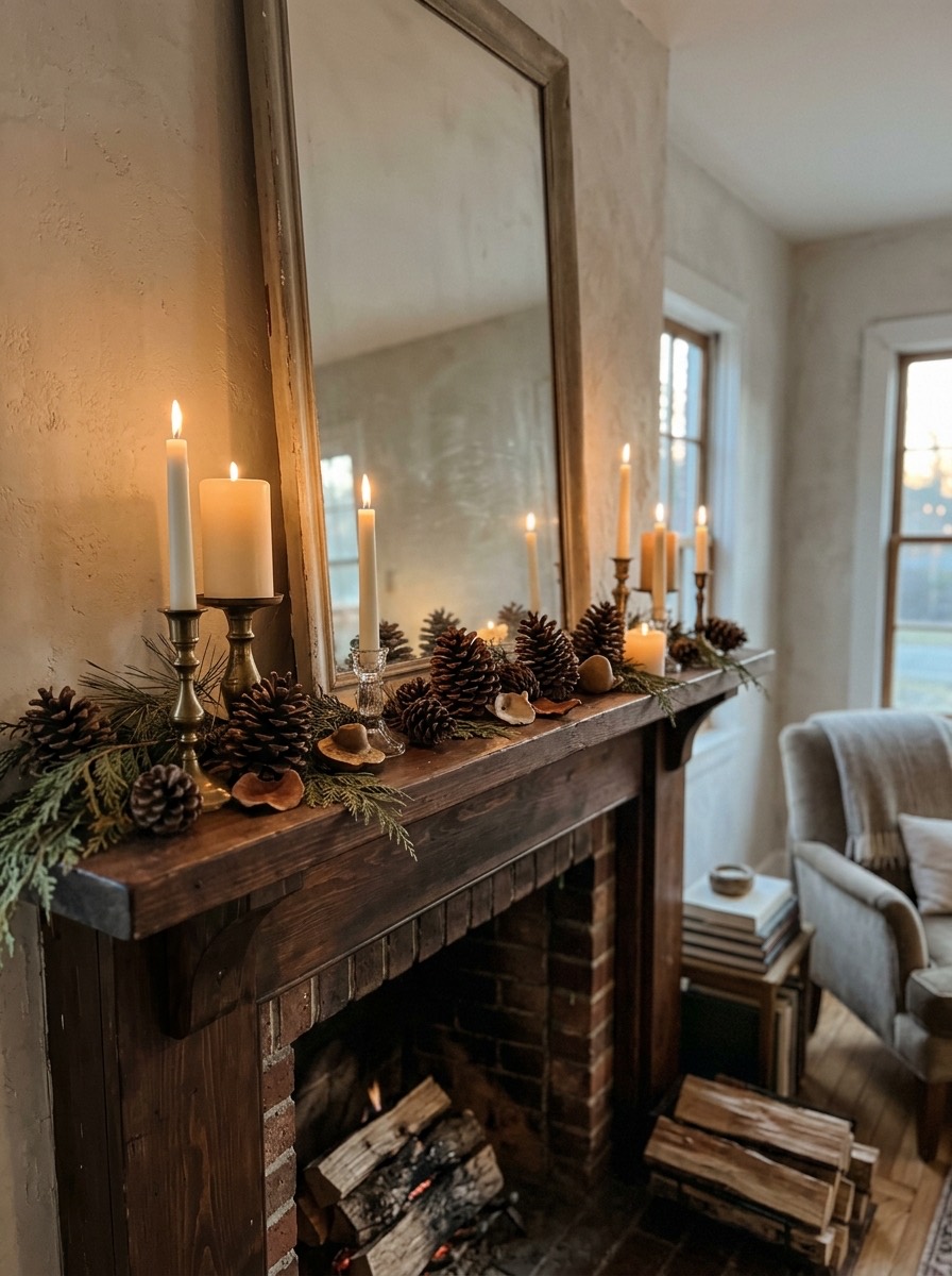 Decoración de chimenea en Navidad: repisa con velas y piñas naturales