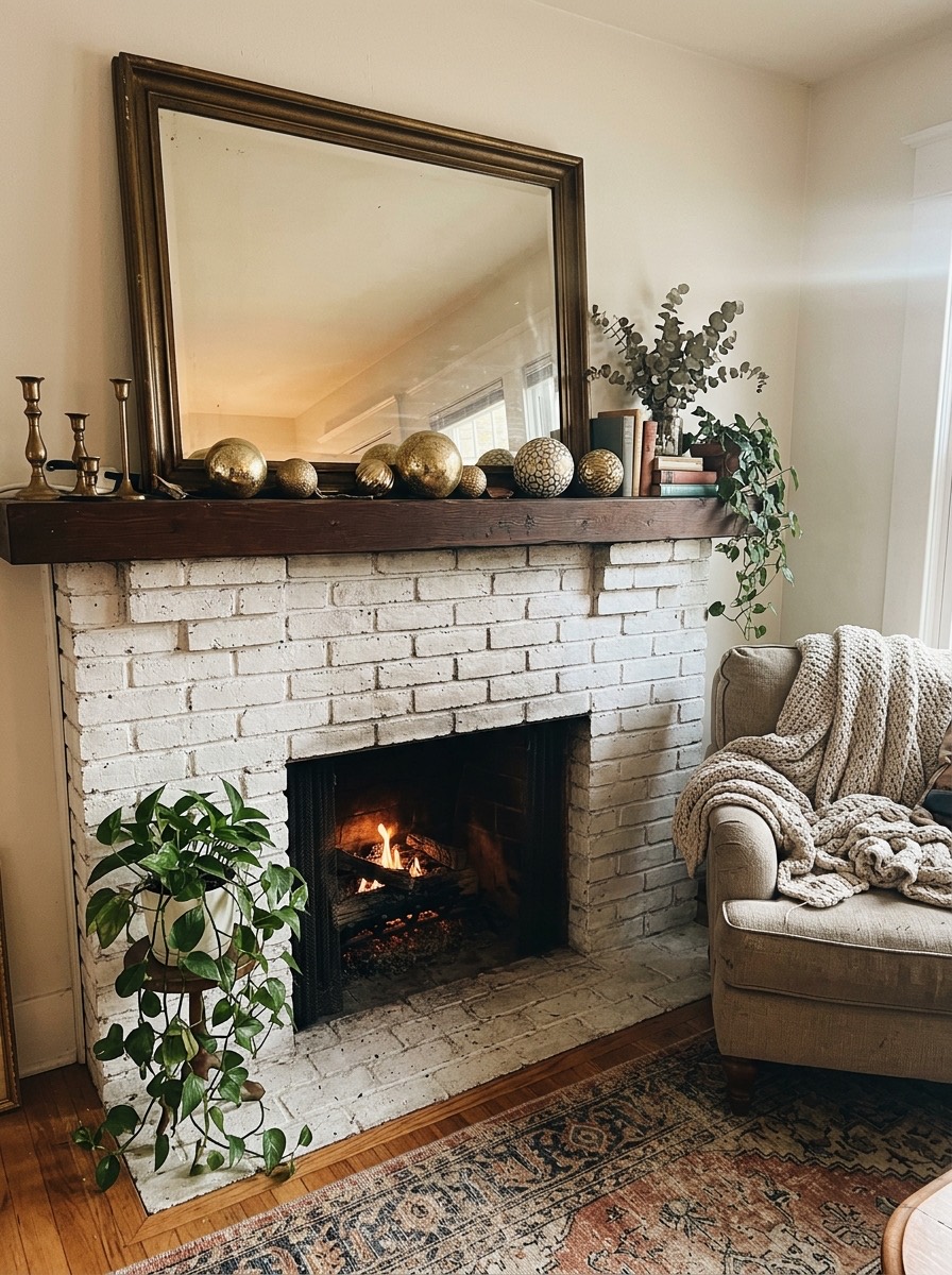 Decoración de chimenea en Navidad: espejo grande y bolas doradas