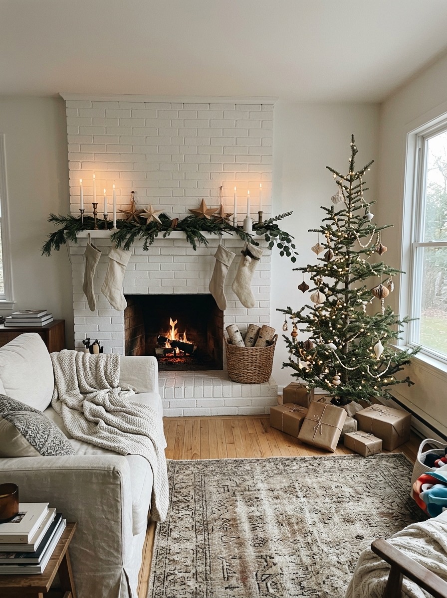Decoración de chimenea en Navidad: chimenea blanca con decoración nórdica